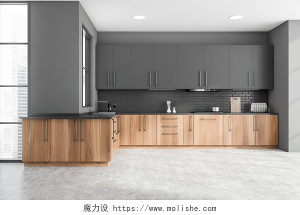 现代化厨房的内部现代化厨房的内部，有灰色和砖墙，混凝土地面，木制台面，内置水池和炊具以及灰色橱柜。3d渲染